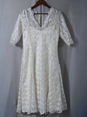 White Wedding Reception Bridal Shower Dress Tea Length Lace with Button Up Back
